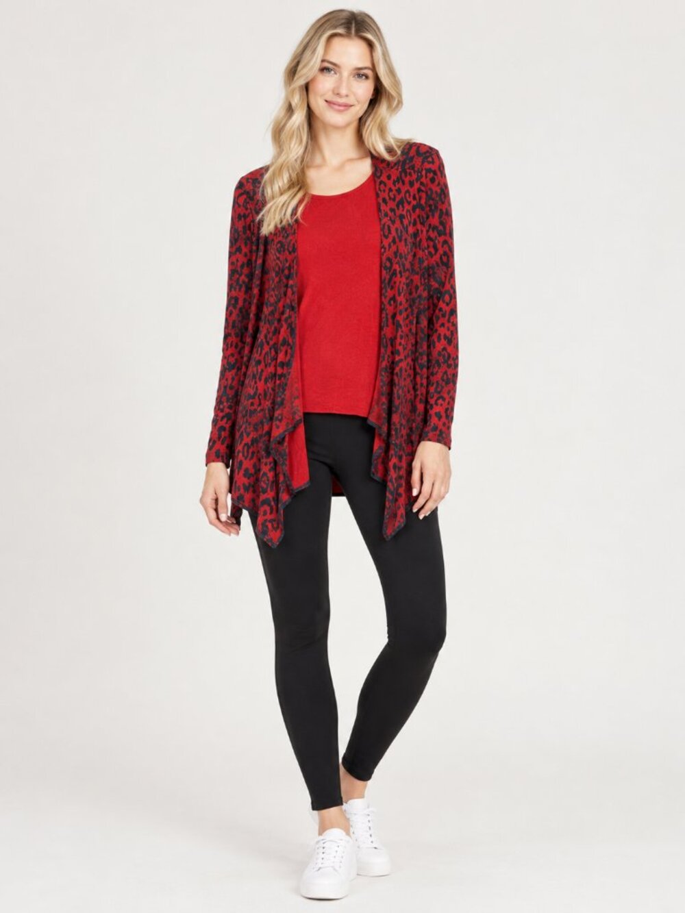 2/$30 Chico's Travelers Leopard Print Open-Front Cardigan Red 8 #A5128